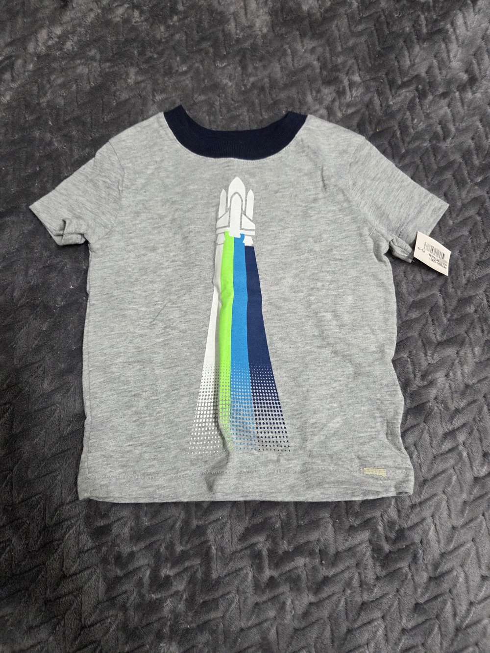 GAP Gray Tee with Navy Neck and Colorful Rocket Graphic